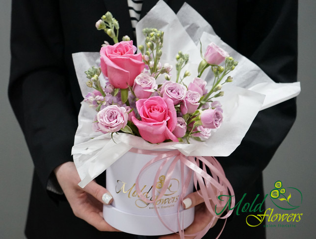 White box with stock, spray roses, and roses photo